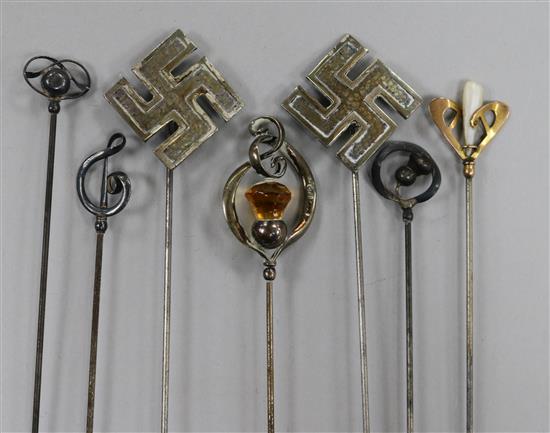 Seven assorted Charles Horner hatpins including one 9ct gold.The property of :Mrs BA Hamilton-Deeley, deceased.The proceeds from these